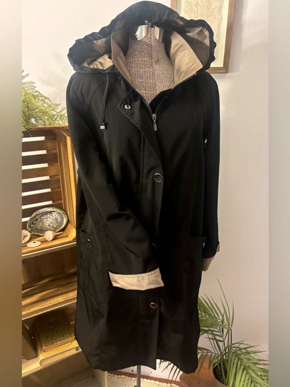 Gallery Black Contrast Trench Rain Trench Coat Jacket Zip Snap MEDIUM Hood